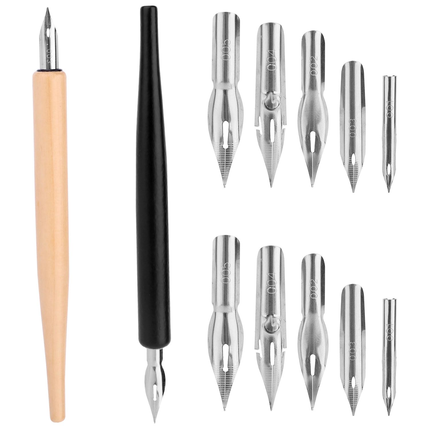 Penitue Comic Dip Pen Set with 2 Wooden Holders & 10 Stainless Steel Replacement Nibs, 5 Styles Manga Dip Pen Ink Nibs for Calligraphy Drawing Writing Sketching Signing