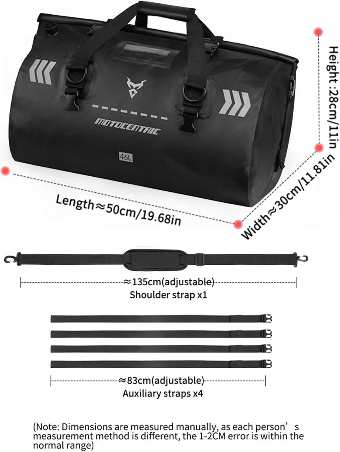 46L Motorcycle Luggage, Waterproof Roll-Top Motorcycle Bag for Long Distance Travel & Camping & Accommodates Musical Instruments, 500D PVC Heavy Duty Dry Bag with Air Valve & Shoulder Straps (Black)