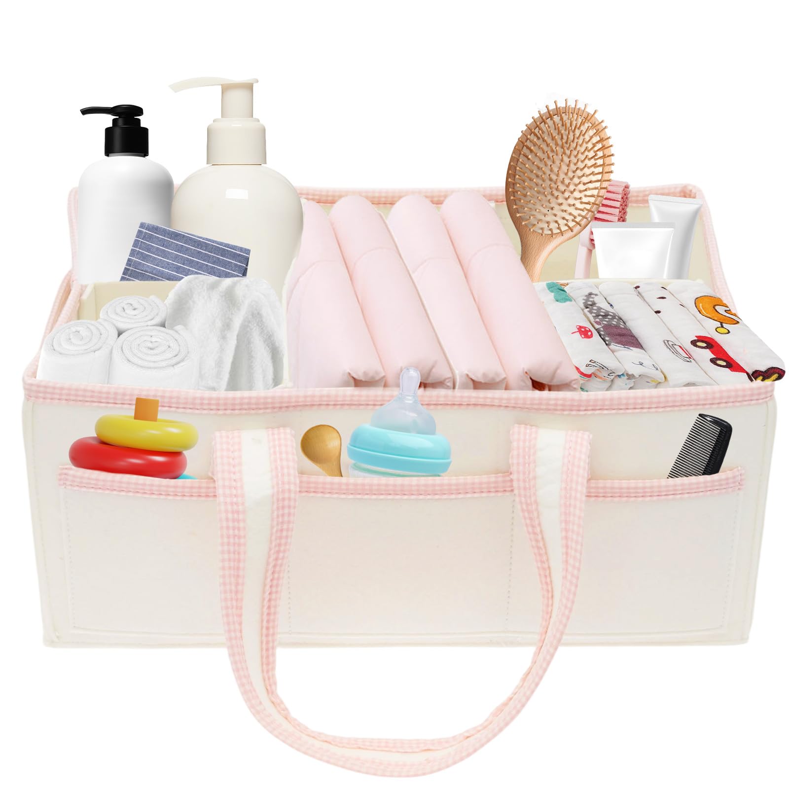 Zhjiutak Men's Pink Stripes Nappy Caddy Organiser,Felt Nursery Storage Basket, 41X25x18cm Diaper Caddy Organizer With Removable Dividers For Newborns And Babies(Pink Stripes)
