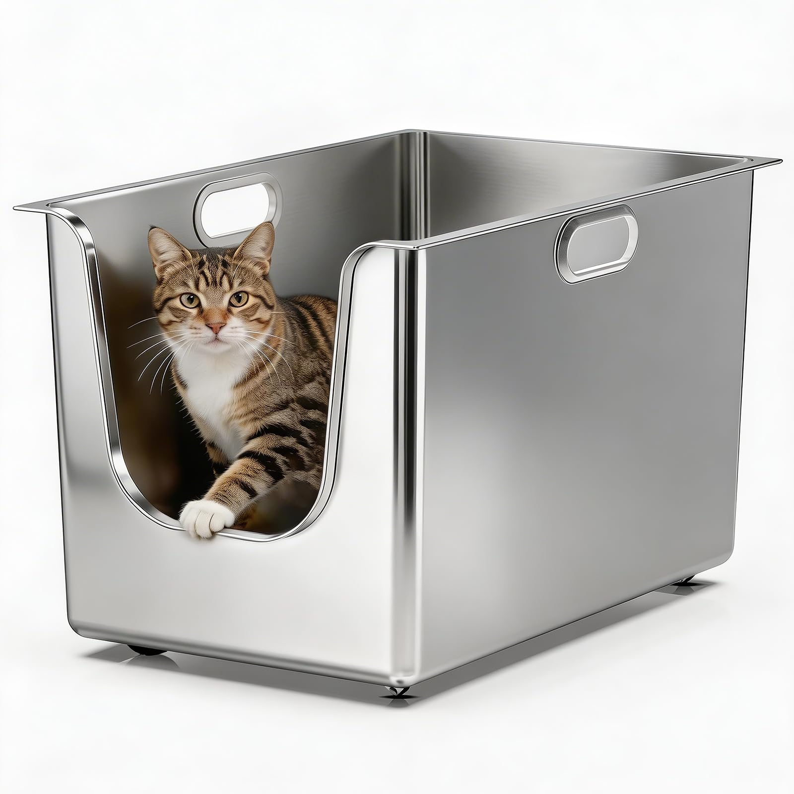 Stainless Steel Litter Box 13.7'' High Sides, XL Metal Cat Litter Box with Curved Low Entry, Cat Litter Pan for Big & Multiple Cats, Pet Toliet with Handy Wheels for Easy Moving