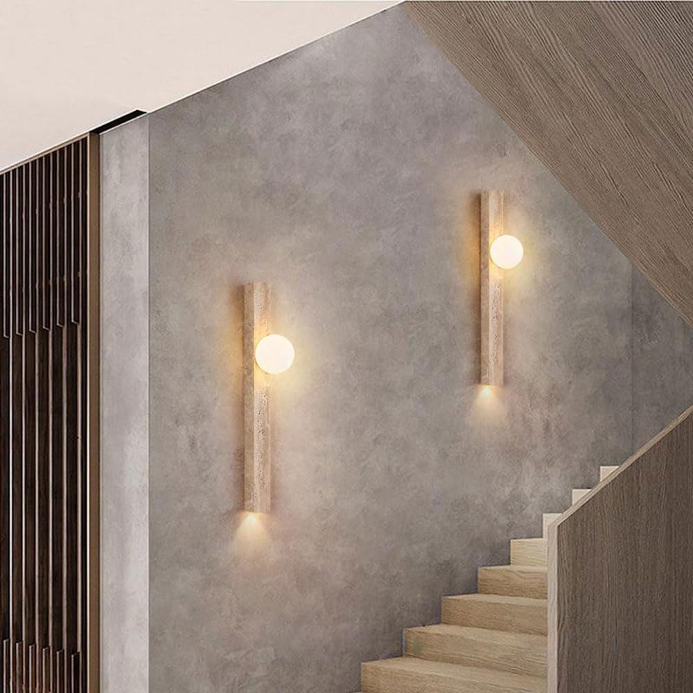 Jadssox moderne Wandleuchte Globus Glas Wandleuchte Naturstein Vanity Wandlampe, Wabi Sabi Wandleuchter Beleuchtungsvorrichtung Gelbe Travertin Wandlampen für Schlafzimmer Wohnzimmer
