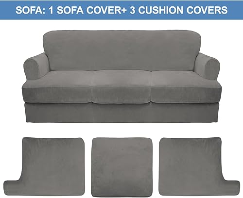 Miniatura 5 de CUCRAF Funda para sofá con cojines en forma de T de 4 piezas, fundas deslizantes, funda de sofá de terciopelo suave y grueso para sala de estar,