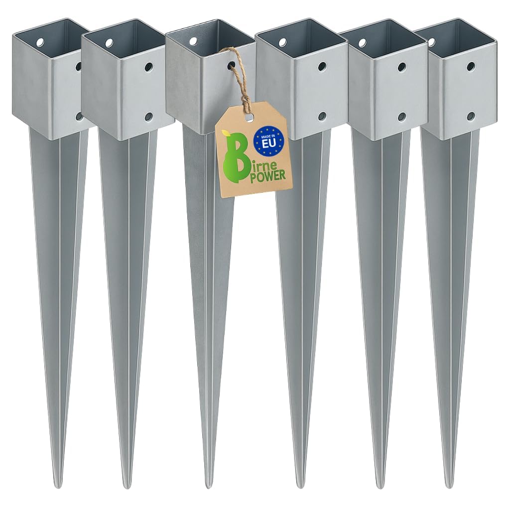 BirnePower Pfostenträger 6er Set 121x121 mm Einschlagbodenhülsen Pfostenanker Square Erdanker Erdspieß Bodenanker Einschlaghülse aus Stahl zum Einschlagen für Holzpfosten Feuerverzinkt Länge 900 mm