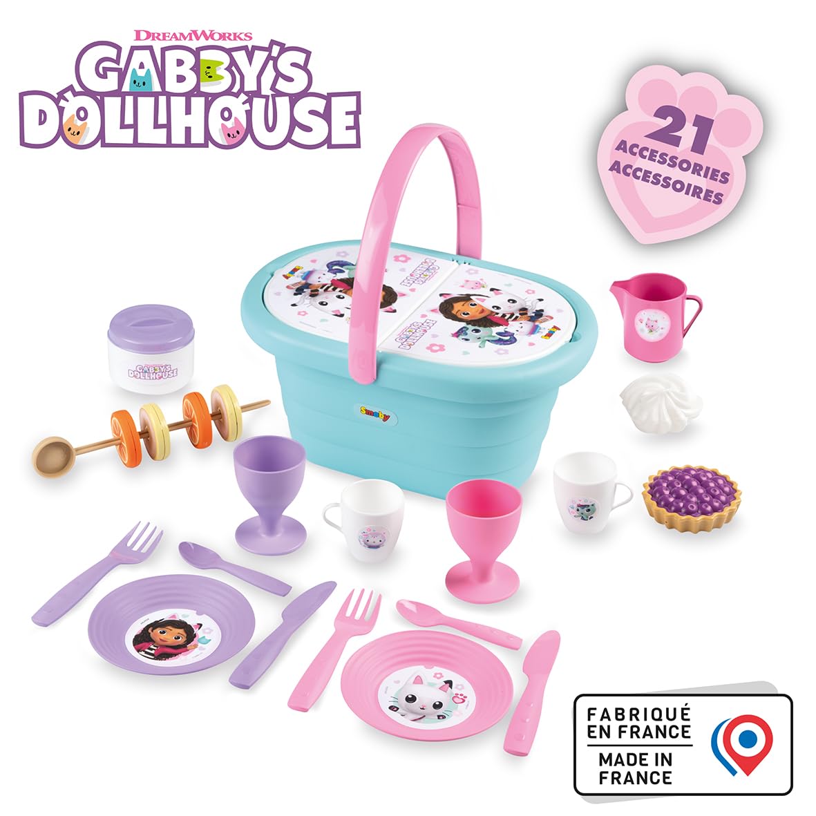 Smoby – Gabby´s Dollhouse Picknick-Korb – Spielset mit Spielzeug-Teeservice (21 Teile), inkl. Teller, Besteck, Becher, für Kinder ab 3 Jahren, blau