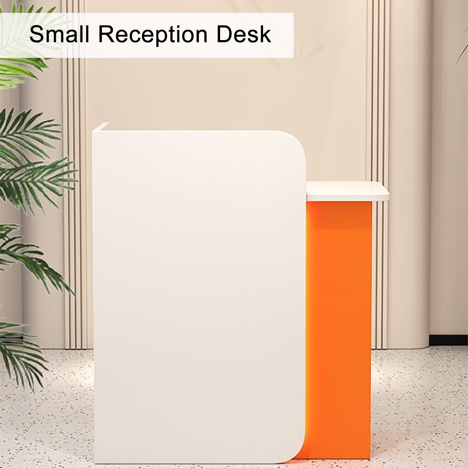 Moderno piccolo banco di ricezione con luci LED, cassetti chiudibili e frontale in legno, elegante banco di vendita al dettaglio per la reception