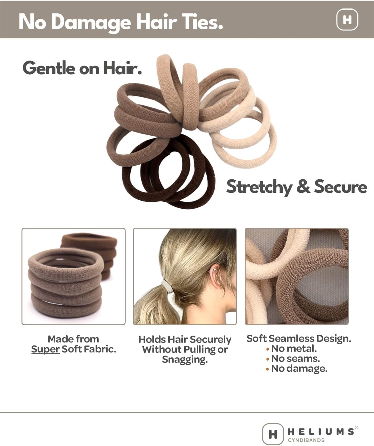 Heliums ソフトヘアタイ - ダメージなし シームレスナイロンファブリックバンド 細くて太い髪に 伸縮性のあるポニーテールホル