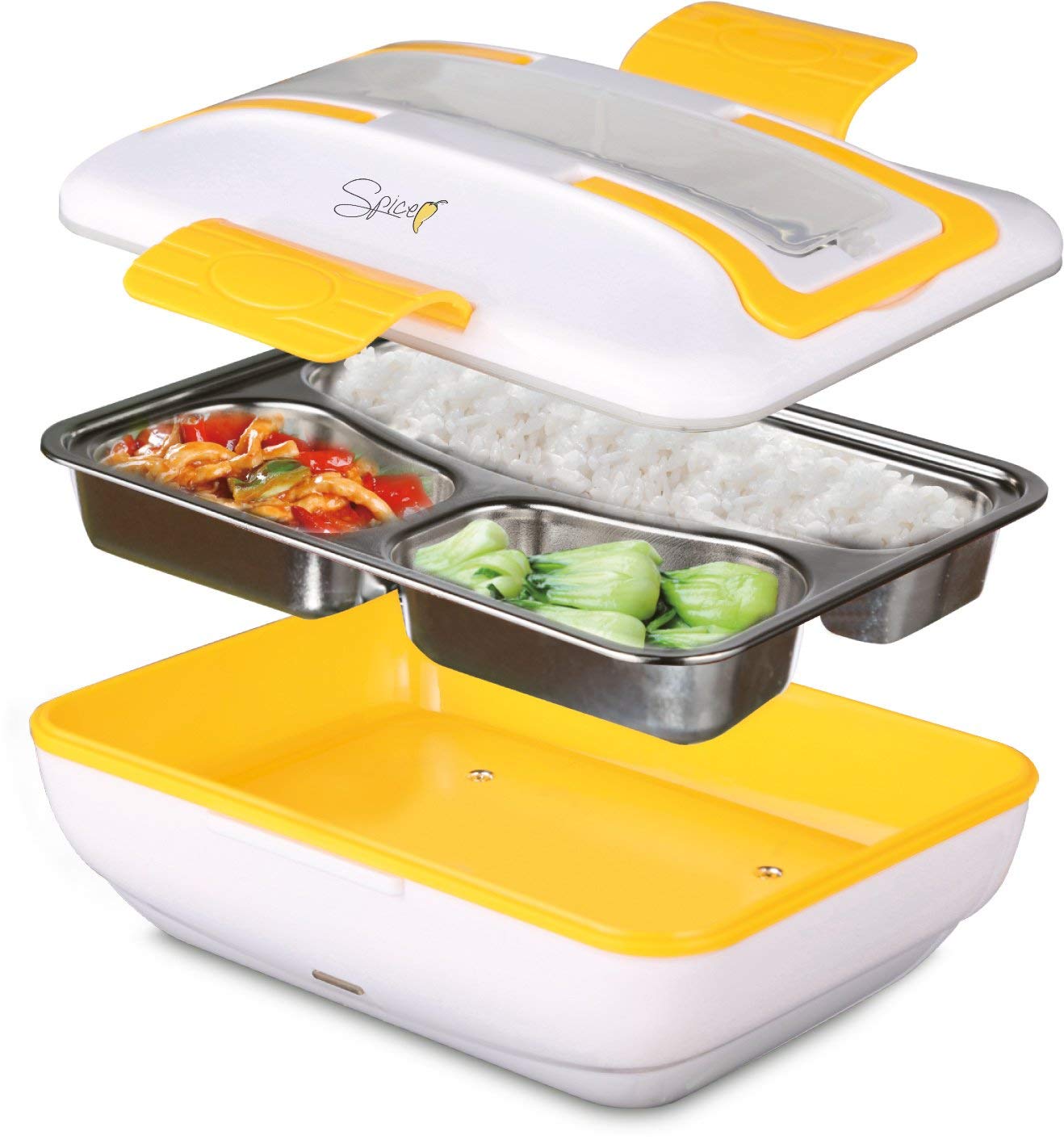 SPICE Amarillo Trio Scaldavivande Elettrico, 3 Scomparti Estraibili in Acciaio Inox con Chiusura Sigillante, Giallo, 0.9L