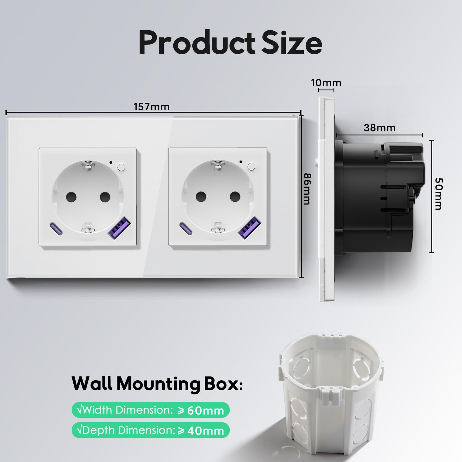 Prise intelligente Wi-Fi en verre, 2 gangs, 157 x 86 mm, prise murale intelligente avec fonction de mesure de l'électricité, charge rapide USB-A/C de 20 W, 2,4 GHz, blanc