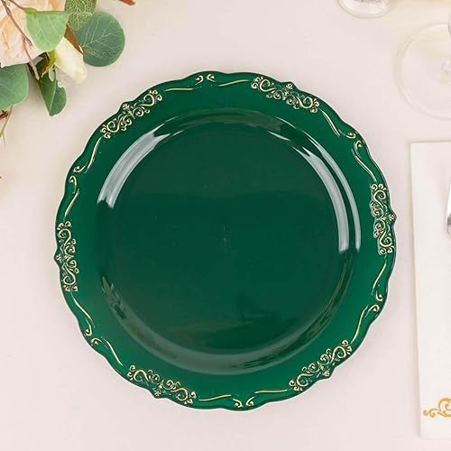 Efavormart - Paquete de 10 platos llanos de plástico duro con bordes festoneados en relieve, color verde esmeralda cazador con borde dorado, platos