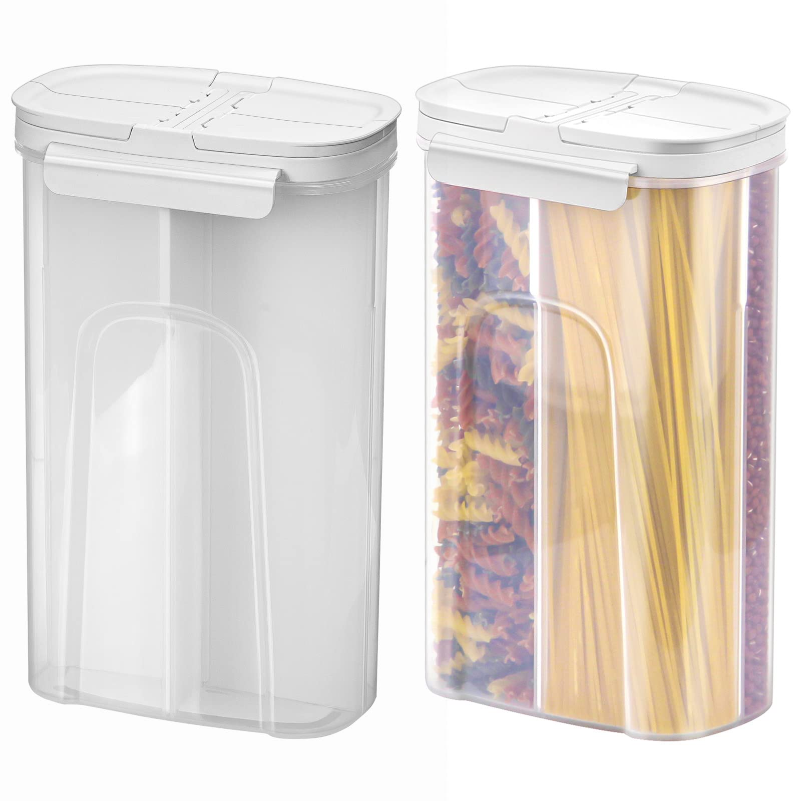 Poeland Storage Jars Canisters with Built-in partition / 4 compartments for Spaghetti Pasta Noodles Cereal - White 2Pack