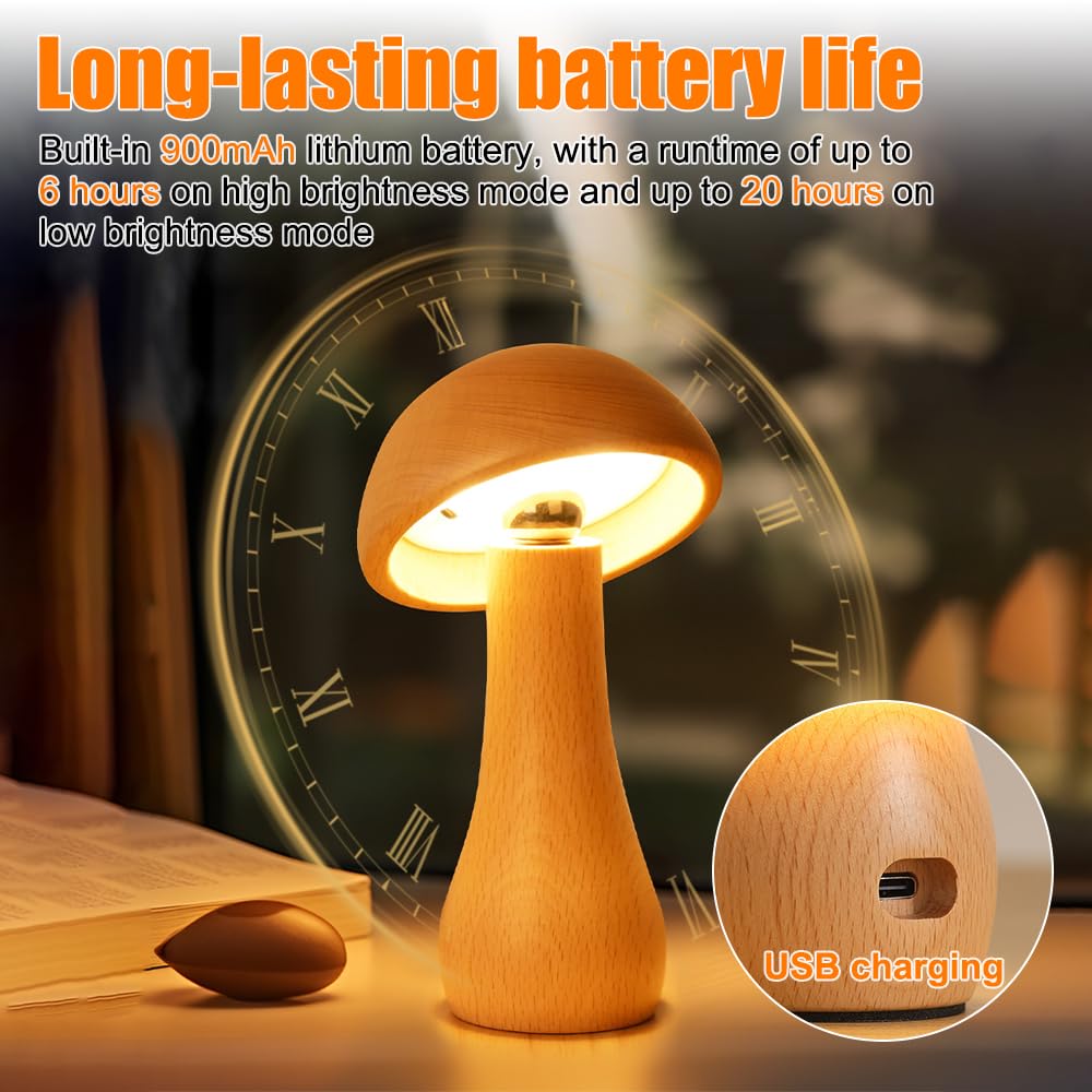 BDKMMS Wooden Mushroom Lamp, Cordless Nightstand Light with 5-Speed Brightness, Rechargeable Table Night Lamp for Bedroom Living Room - Image 3