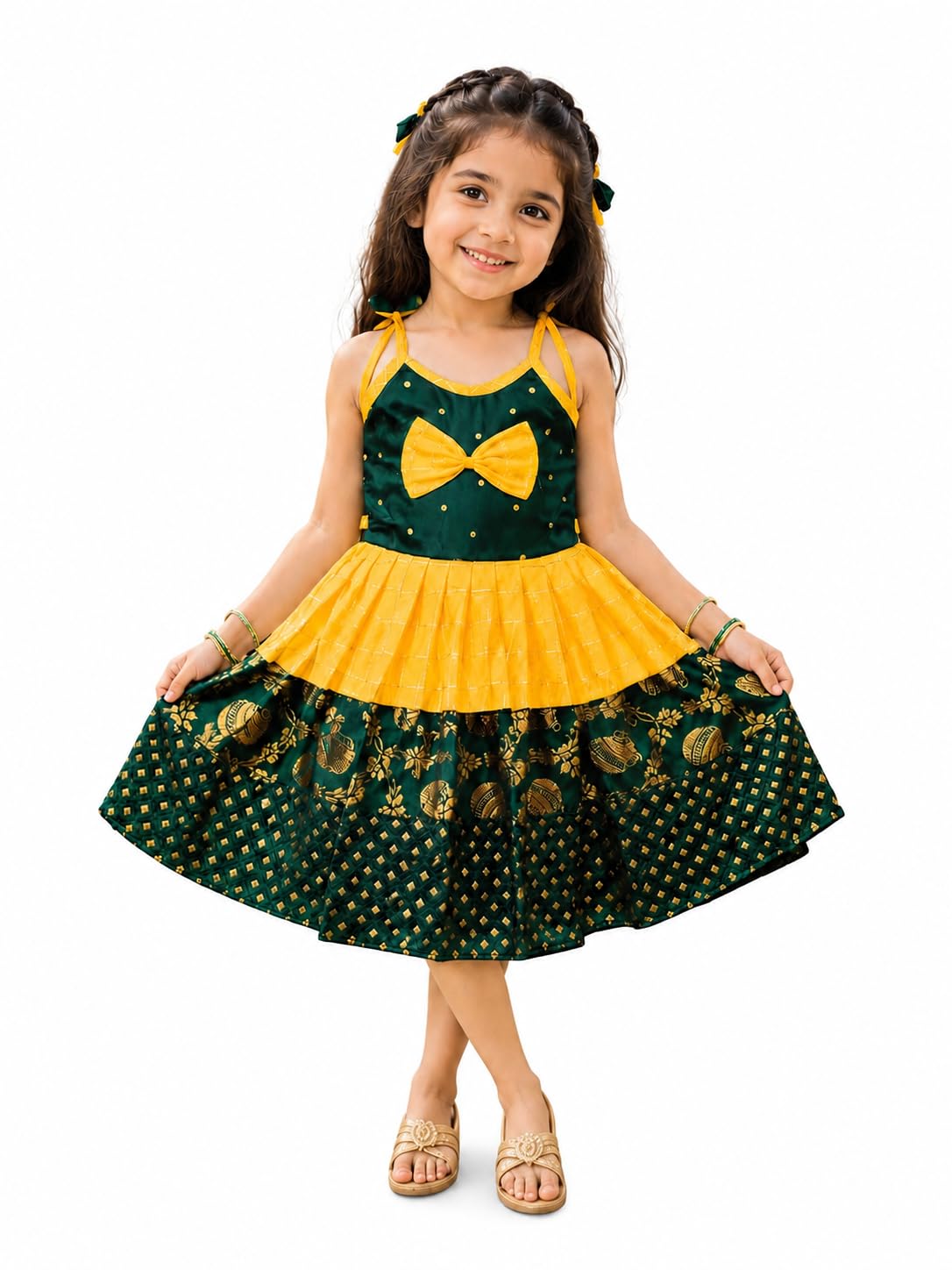 Girls Frock, Dark Green and Yellow, Ethnic Floral Print, Bow Detail, Sleeveless-image-10