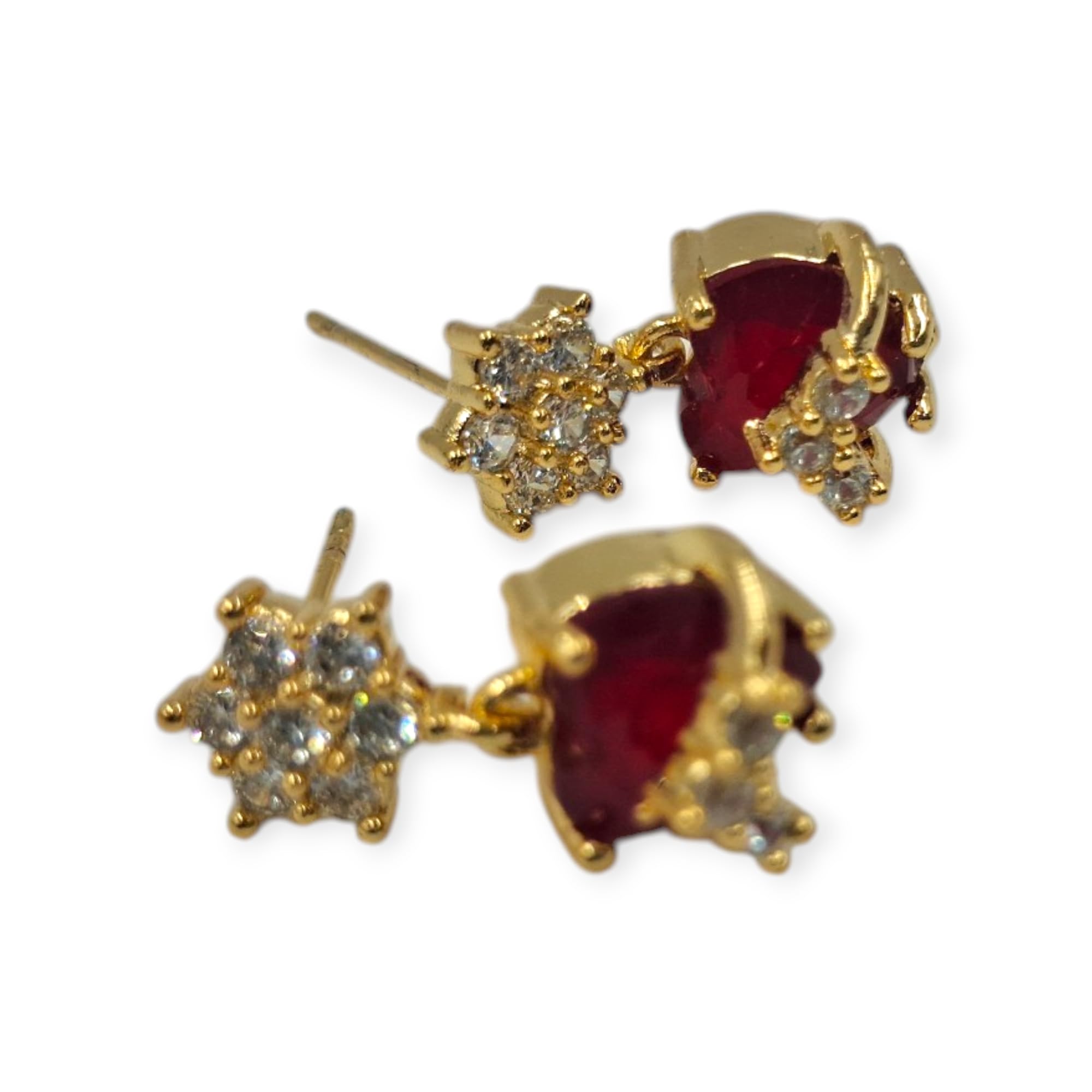 Gold-Plated Floral Cluster Stud Earrings with Dangling Ruby-Red Heart Stone-picture-48