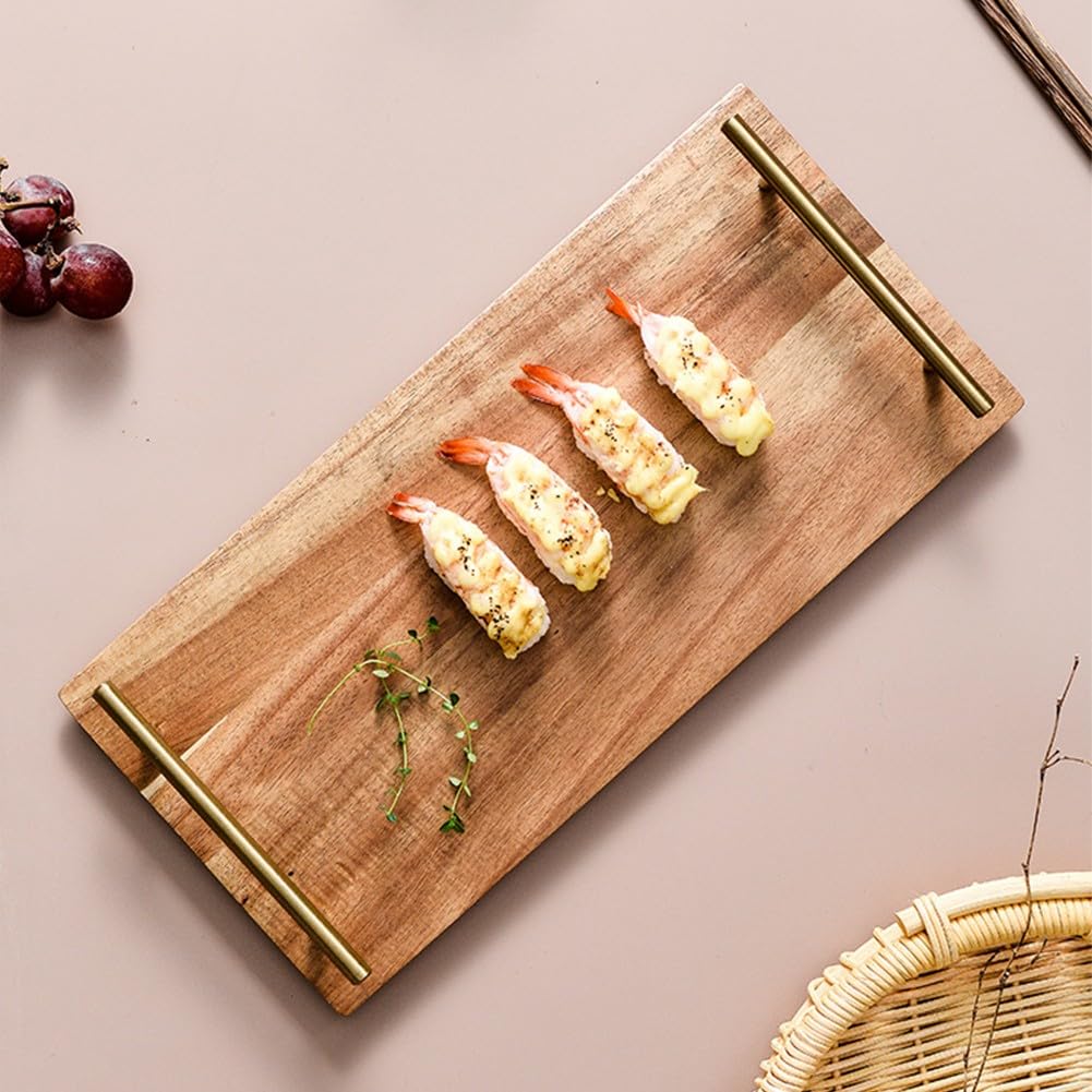 Bandeja de madera para servir, con asas de acero inoxidable, bandeja de madera de acacia, mini tablas rectangulares de embutidos para decoración, comida (grande)