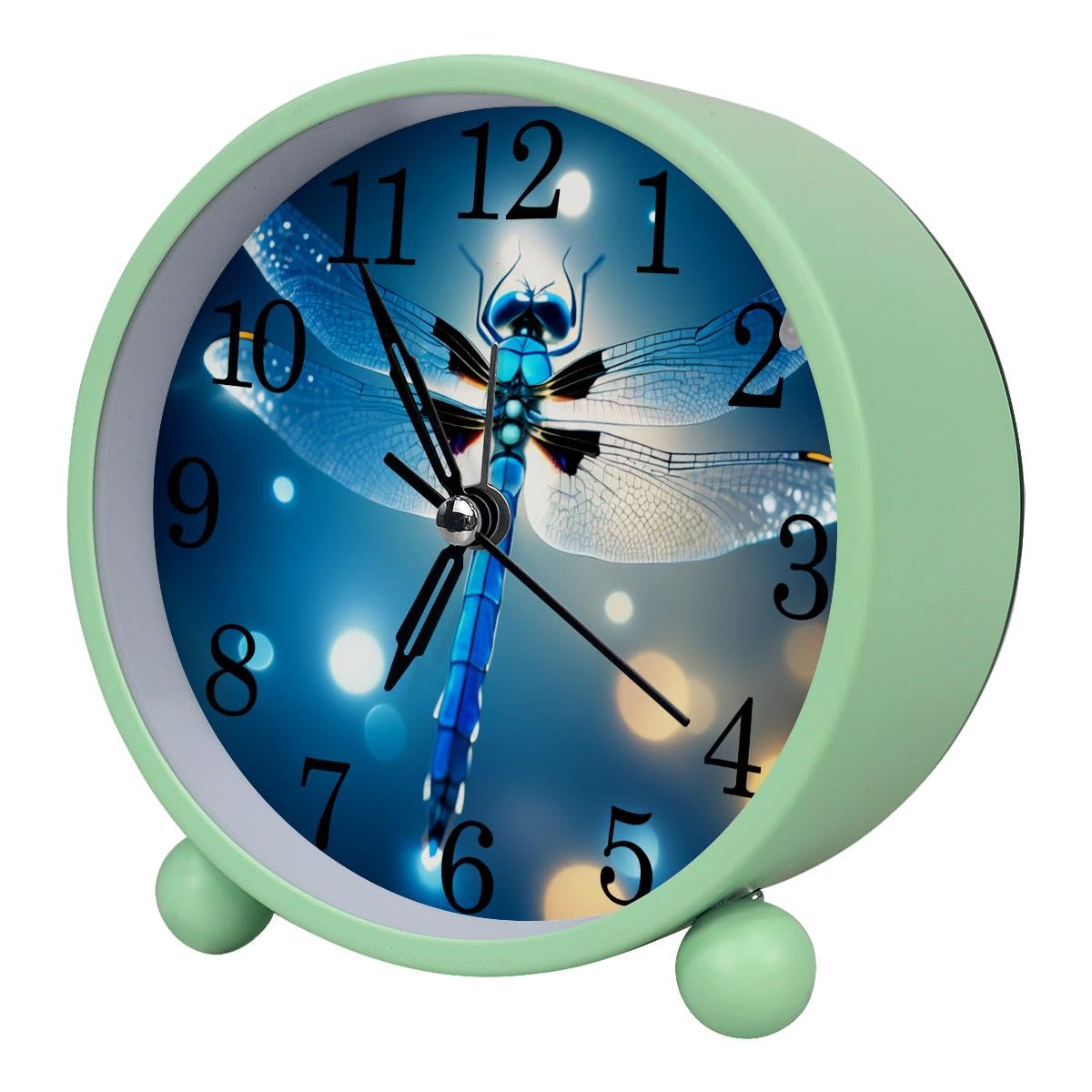 Luoweisi Alarm Clock Dragonfly, Silent Non-Ticking with Night Light, Round Metal Alarm Clock for Office, Battery Operated, Bedroom, Elderly, Adults, Children, Student Gifts
