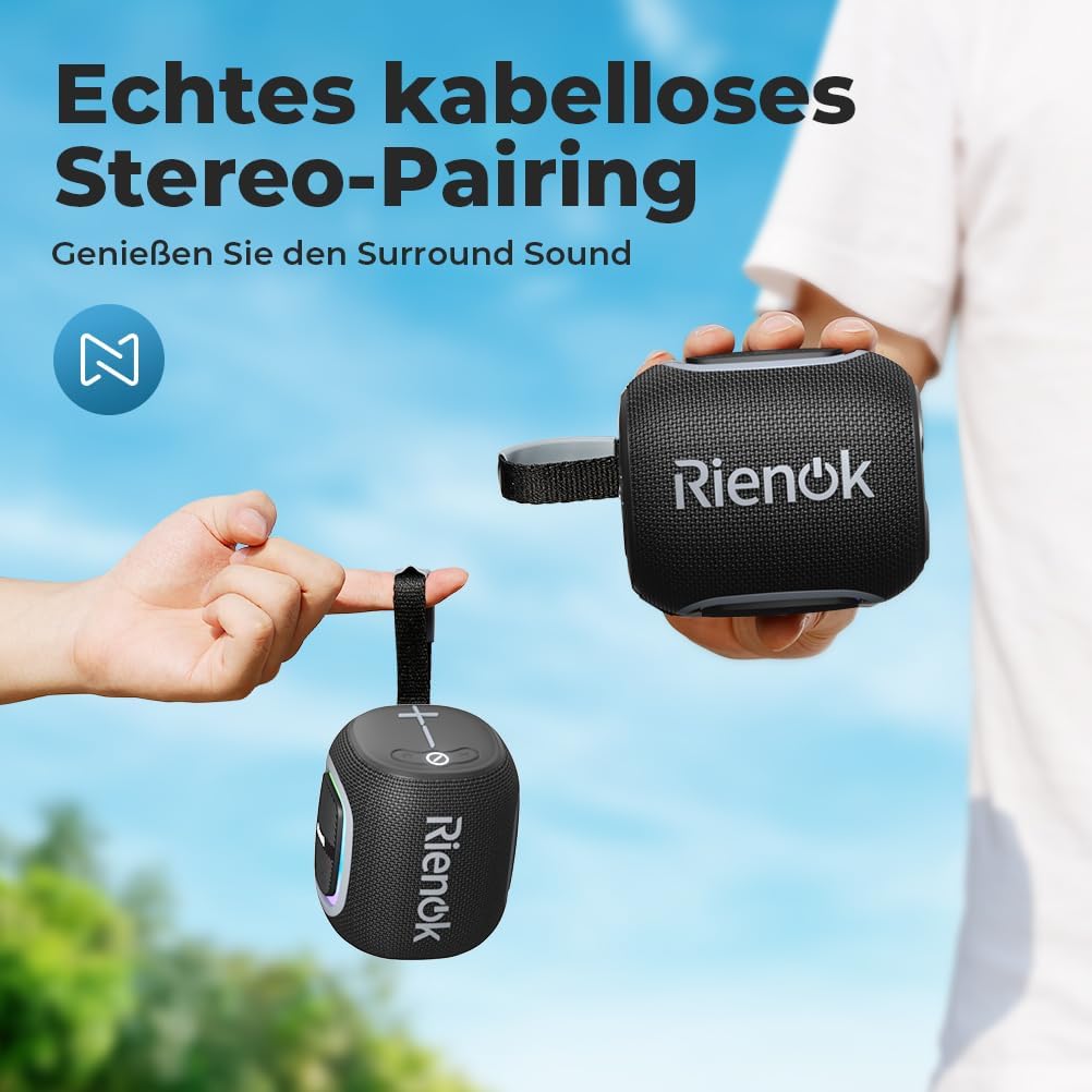 Two RIENOK speakers shown side-by-side, illustrating the True Wireless Stereo (TWS) pairing feature for surround sound.