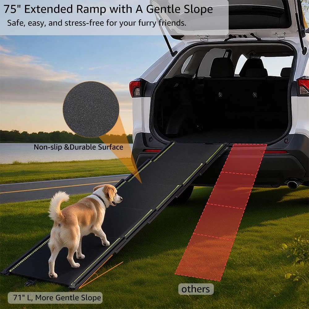 unipaws Rampe télescopique extra longue de 190,5 cm pour voiture, VUS et camion, rampe portable de 43,9 cm de large avec surface antidérapante, bandes réfléchissantes et pente douce pour chiens pesant