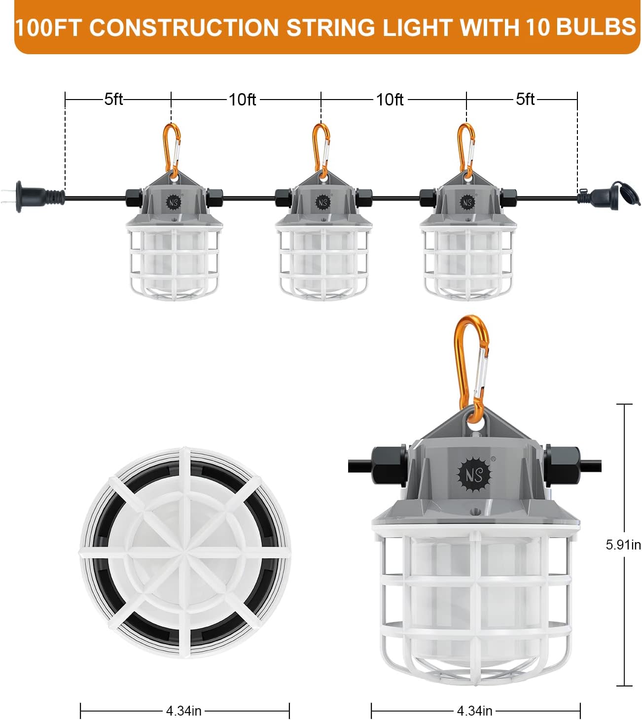NS 100ft LED Construction String Lights, 150W 15000lm LED String Work Lights, Temporary Work Lights Linkable Industrial String Work Lights with Hook for Jiobsite, Outdoor Lighting (10) - Image 2
