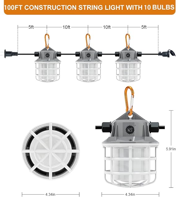NS 100 قدم LED أضواء سلسلة البناء ، 150 واط 15000lm LED أضواء العمل ، أضواء العمل المؤقتة يمكن ربطها بسلسلة العمل الصناعية مع خطاف لليوبيس ، الإضاءة الخارجية ( 10 )