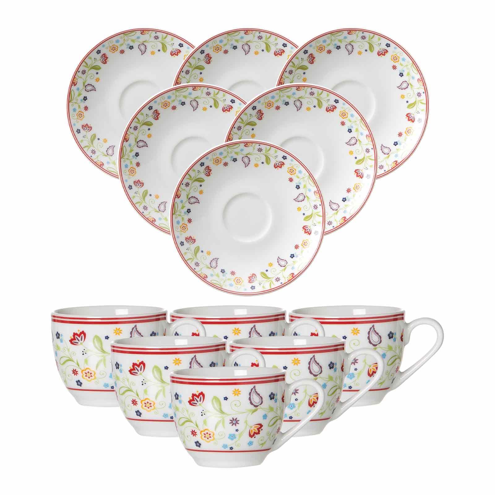 Ritzenhoff & Breker Shanti Espressotassen mit Untertassen 6er Set, 80 ml, Espressoobertassen und Espressountertassen mit floralem Blumen-Dekor, Porzellan, Bunt