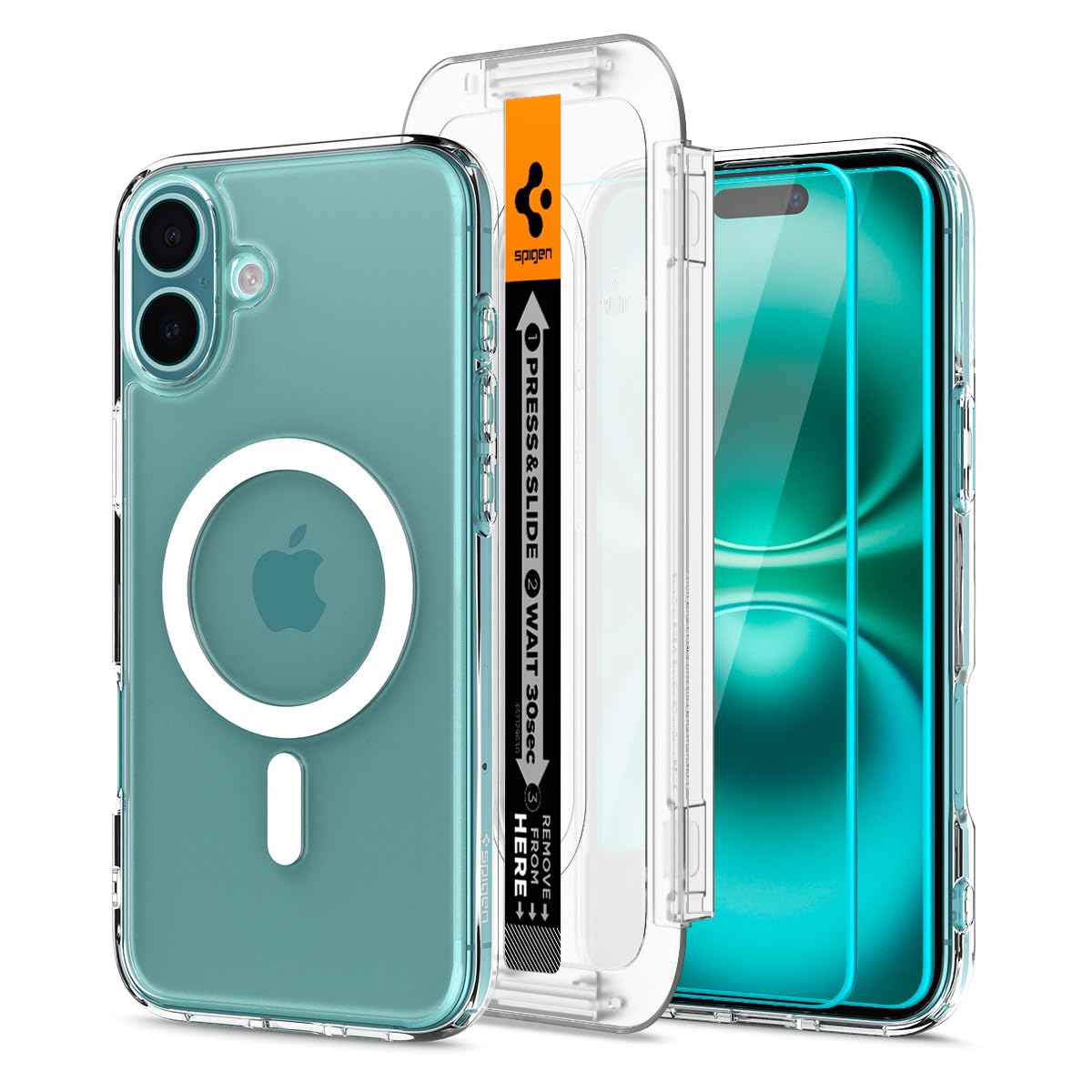 Spigen iPhone 16 / iPhone 15 Cam Ekran Koruyucu Kolay Kurulum Glas.tR EZ Fit Slim HD (2 Adet) - AGL06903 & iPhone 16 Kılıf Ultra Hybrid MagFit MagSafe özellikli White - ACS08205