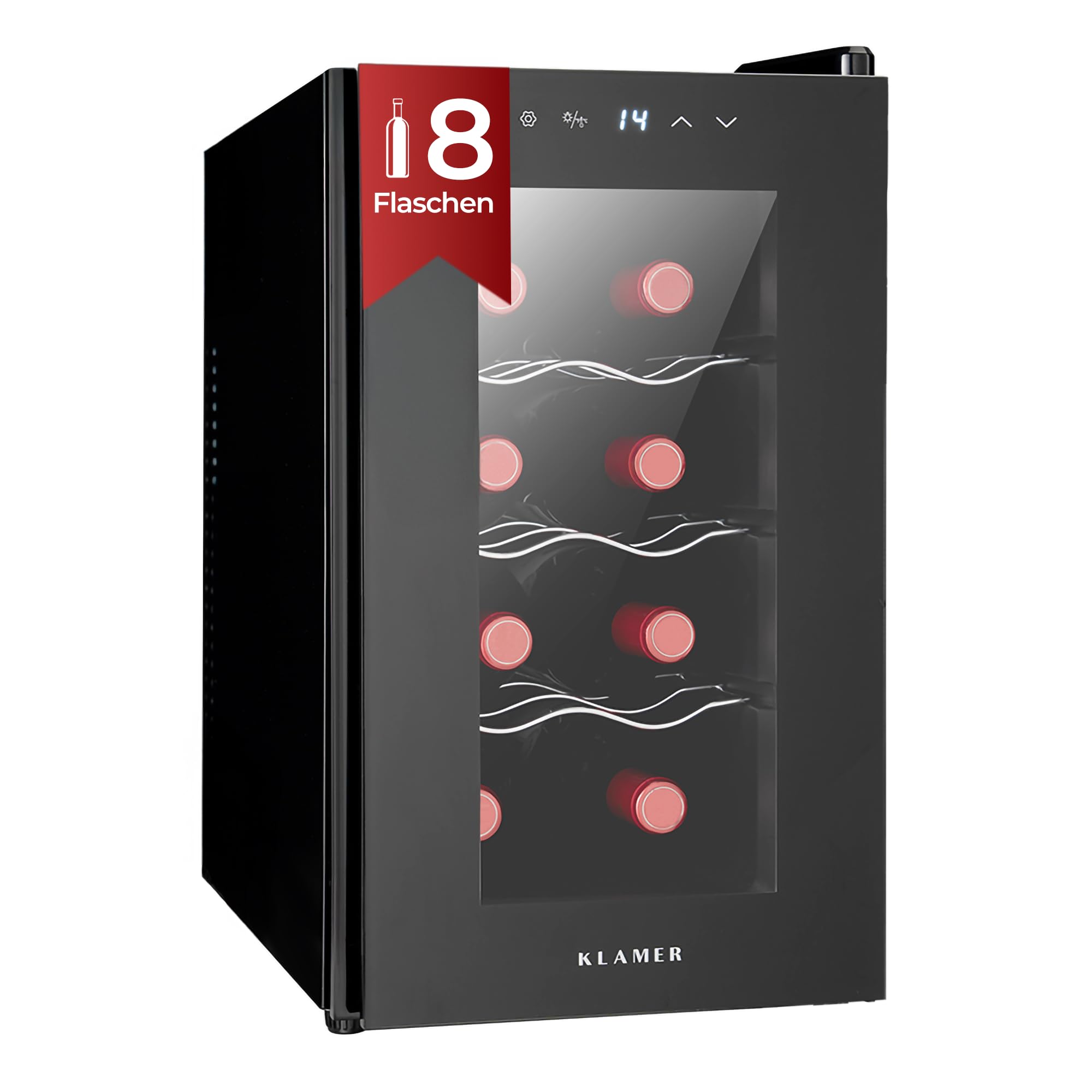 KLAMER Weinkühlschrank 8 Flaschen 21 L 5–18°C Präzisionskühlung Thermoelektrisch UV-Schutz Glastür Touch Display leise 35 dB