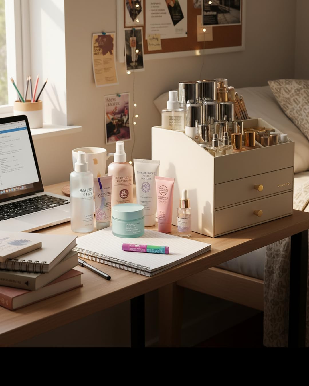 Vlando Organizer per trucchi con 3 cassetti, organizzatore da toeletta, organizzatore per cosmetici, organizzatore per il bagno, Dresser Skincare, beige