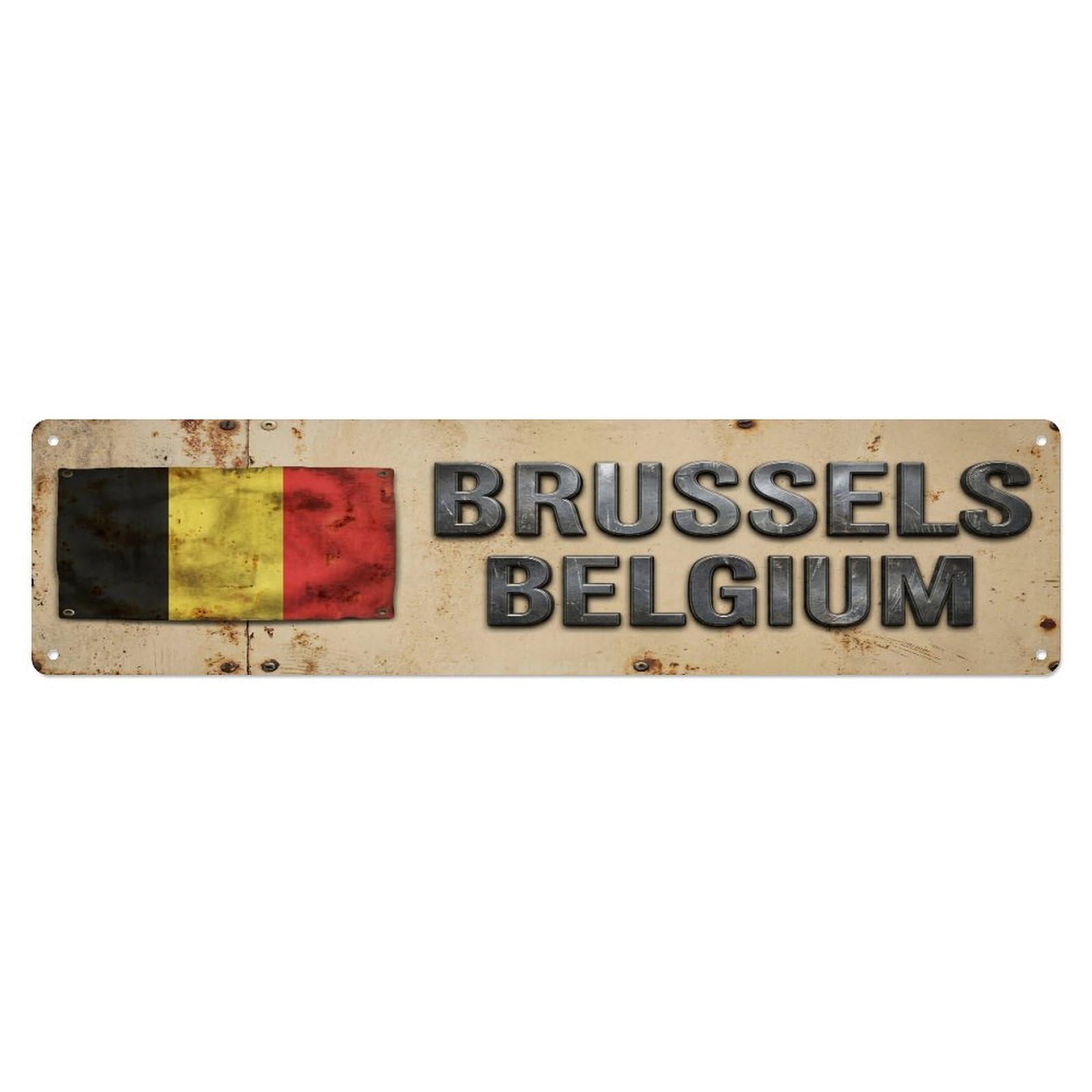 Metal Tin Sign Vintage Brussels Belgium Flag Decor Rustic Travel