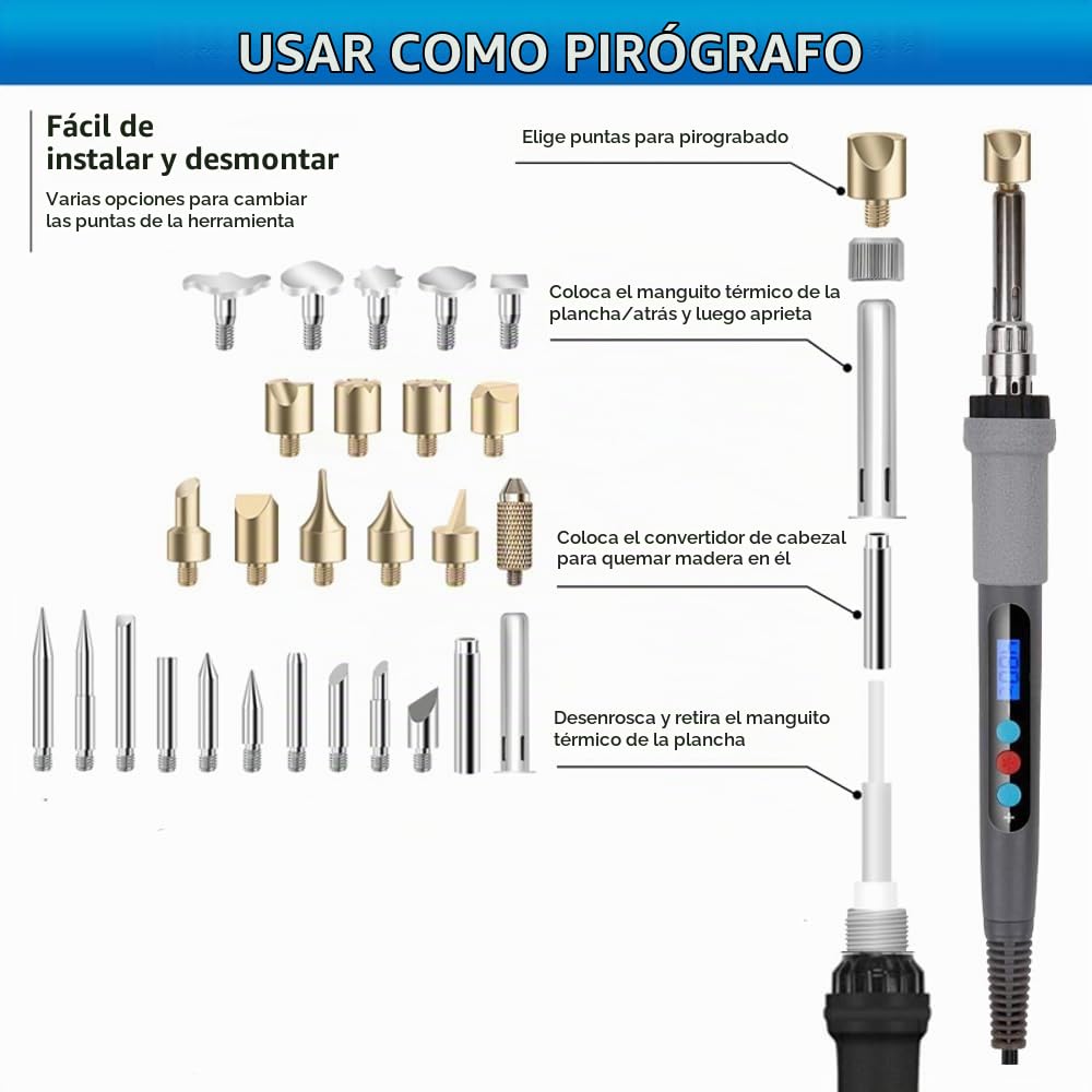 Kit Pirograbador de Madera, Kit del Soldador, 60W Temperatura Regulable 180-480℃, Soldador Pirografo Electrico Profesional Para Madera, Corcho grabado