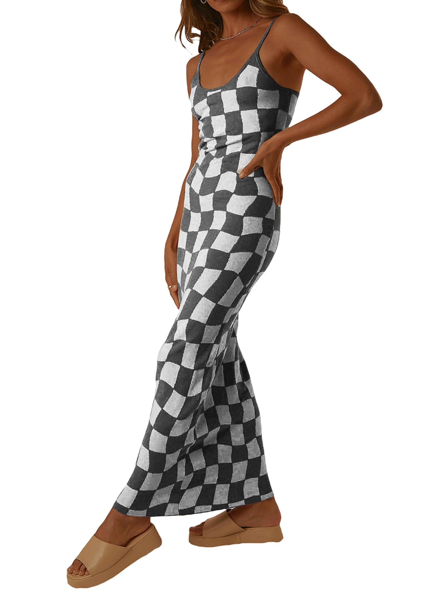 Felcia Women's Sexy Lounge Slip Long Dress Elegant Sleeveless Checkerboard Print Backless Ribbed Bodycon Maxi Dresses (A-Grey, S)