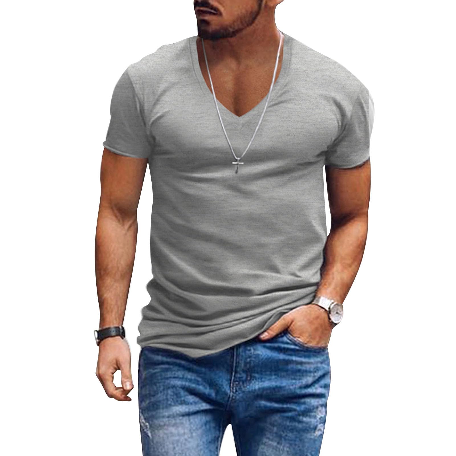 Mens T Shirts Solid Color Deep V Neck Basic Muscle Fit Tee Muscle Slim Fit Low Cut Stretch