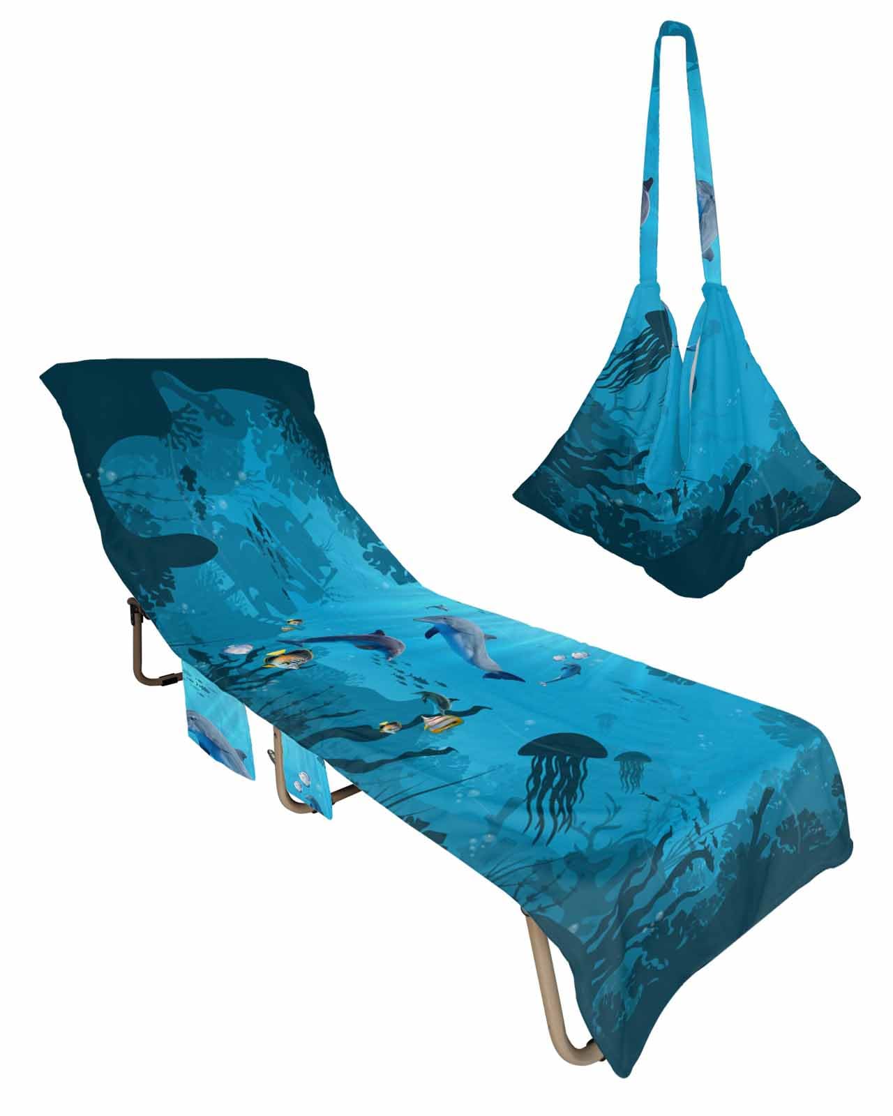 Blue Ocean Beach Lounge Chair Towel Cover, Soft Chaise Lounge Towel with Side Pockets Patio Pool Chairs Cover for Beach/Pool Sunbathing 29x85 Coastal Nautical Summer Beach Fish