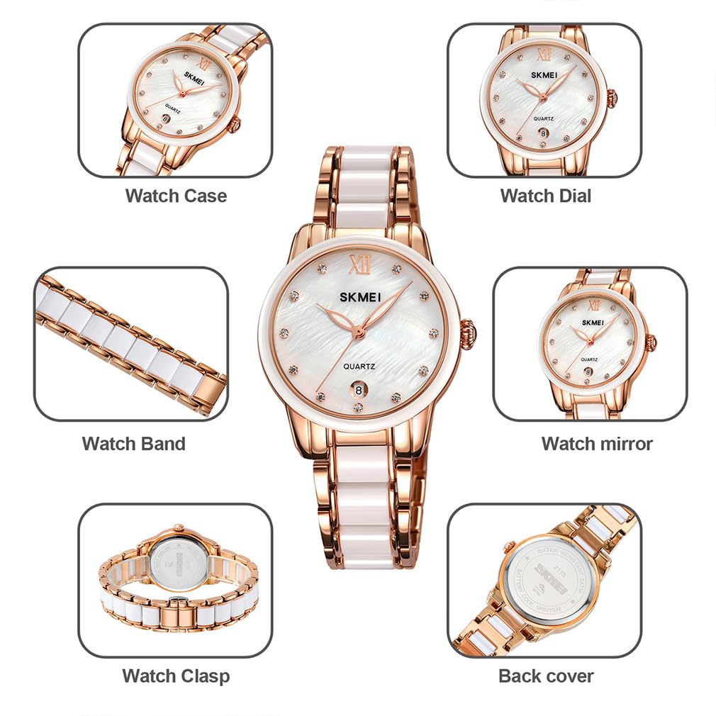 SKMEI Montres pour femmes mode robe luxe dames femme simple d'affaires étanche céramique inoxydable analogique quartz élégant or blanc montre-bracelet