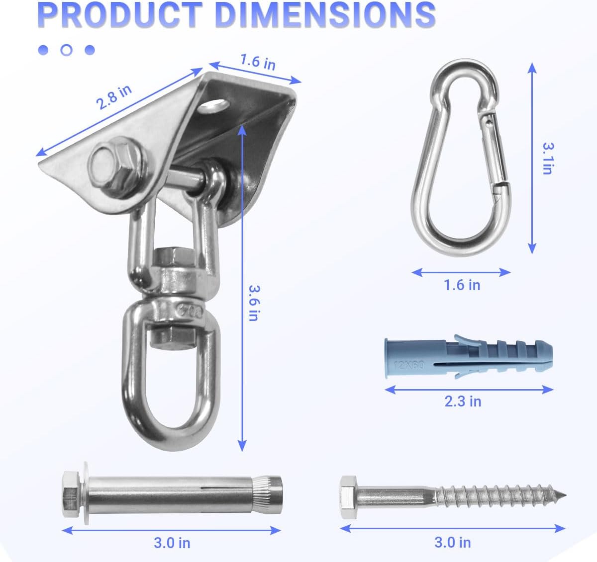 Hammock Hanging Kit with 360° Swivel Hook, Includes Mounting Hardware for Indoor & Outdoor Swing, Hanging Chair, and Gym Equipment
