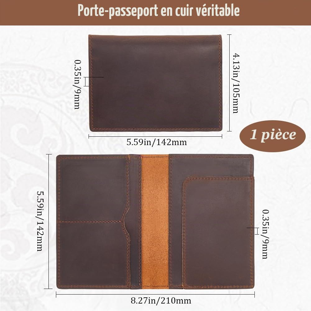 GORGECRAFT 142 * 105mm Porte Passeport en Cuir Véritable Crazy Horse Portefeuille en Cuir Fait à la Main Couverture de Passeport Rectangle Étui à Bagages de Voyage Organisateur de Documents Brun Coco