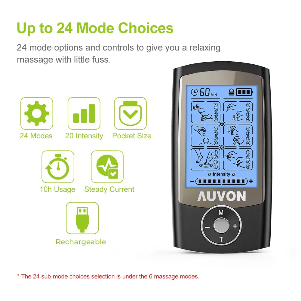AUVON 24 Modes TENS Unit Muscle Stimulator for Pain Relief, Premium Pads — Amazon image 3