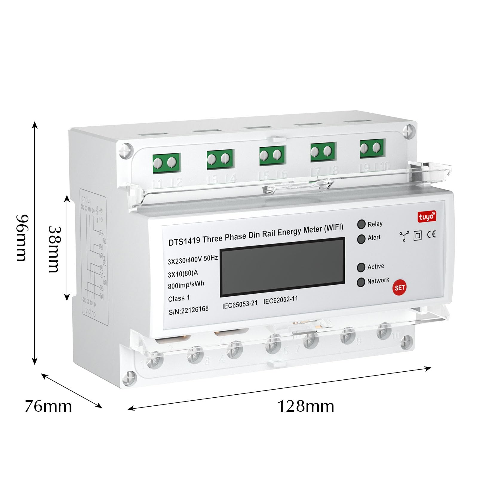 eMylo Misuratore di energia WiFi intelligente, contatore digitale LCD a 3 fasi su guide DIN, misuratore di consumo di energia, 80A 230-400V, supporto Alexa Google Assistant App Controllo remoto per ca