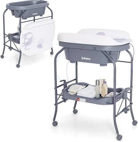 INFANS 2 in 1 Baby Changing Table with Bath Tub Unit, Folding Diaper Dresser Station with Wheels Waterproof Pad Storage Rack, Portable Nursery Organizer Stand for Newborn Infant