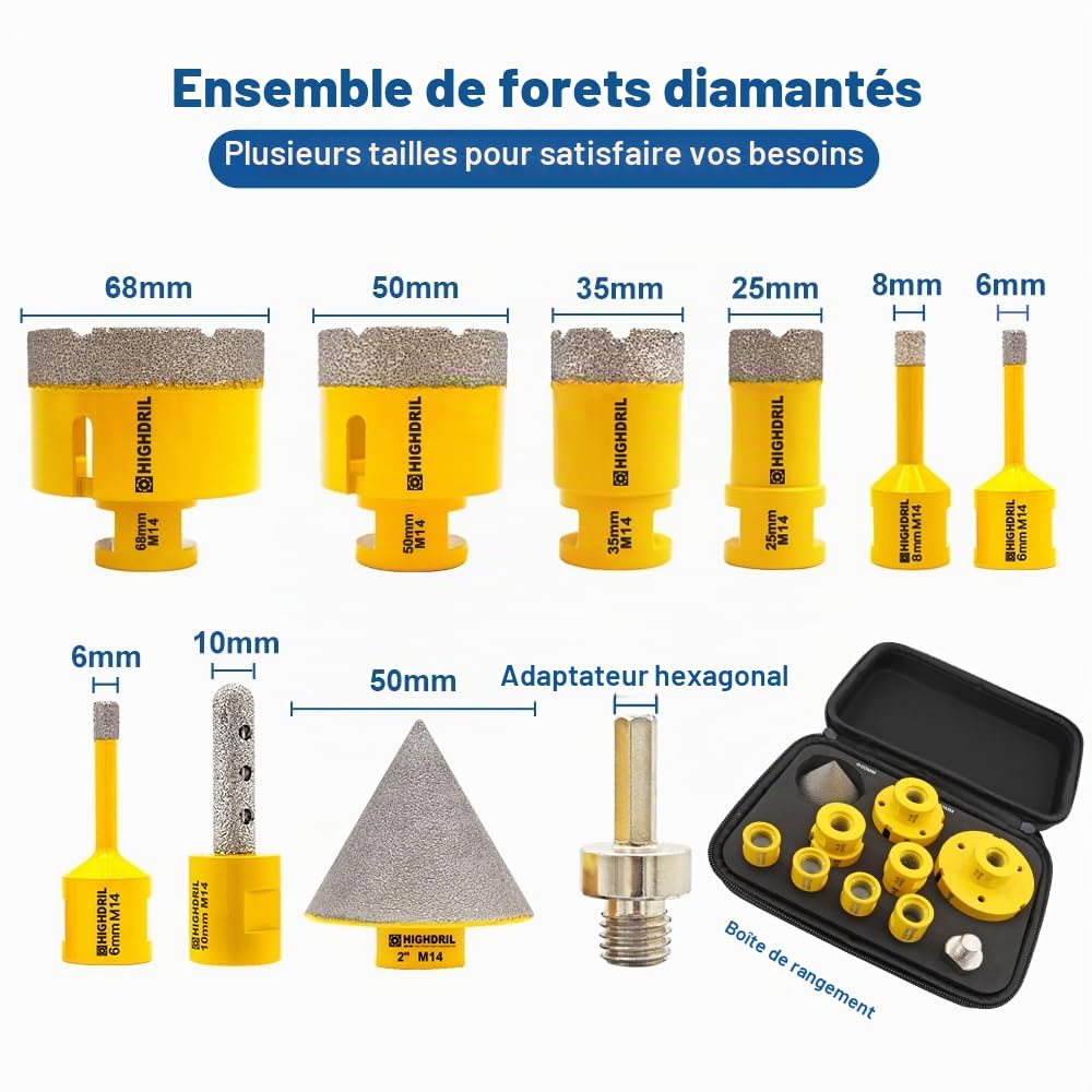 HIGHDRIL Foret Diamant Kit 10pcs(6/6/8/25/35/50/68mm Mèches Diamantées+10mm Fraise Diamant+50mm Mèches de Chanfrein+Adaptateur) Scie Cloche pour Carrelage Céramique Porcelaine Marbre Granit