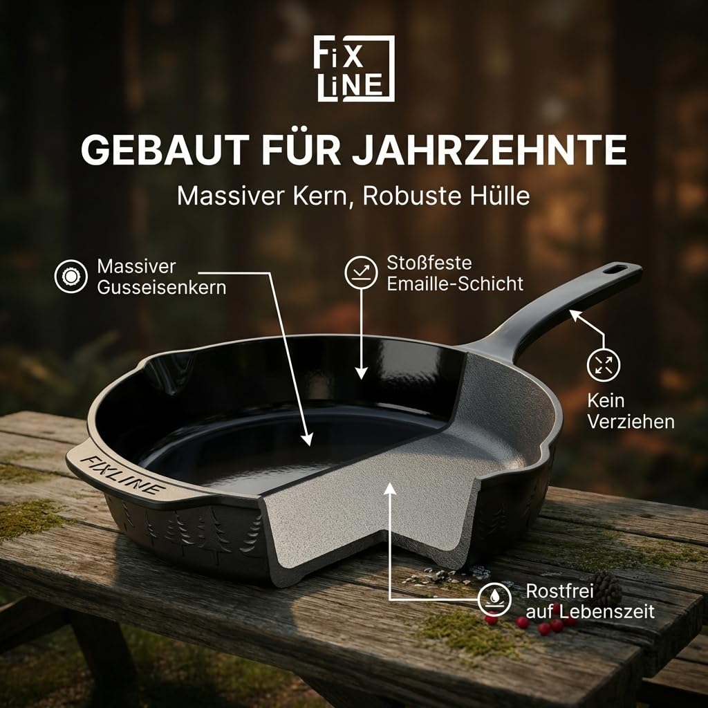 FIXLINE® Gusseisenpfanne in BLACK FOREST Edition 28cm - ORIGINAL - Induktion - Alle Herdarten inkl. Induktion - Emailliert - Kein Einbrennen nötig - Inklusive Rezeptbuch - Perfekte Geschenkidee