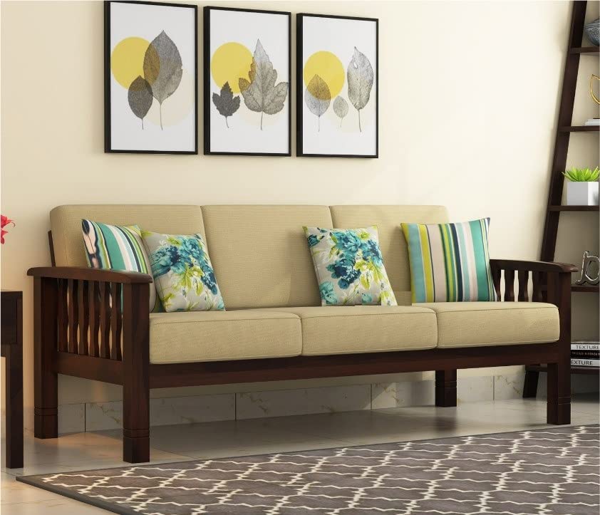 Image of 5 Seater Solid Sheesham Wood Sofa Set for Living Room | 3+1+1 Wooden Sofa Set | Sofa Set Furniture for Home with Cushions (Walnut Finish)