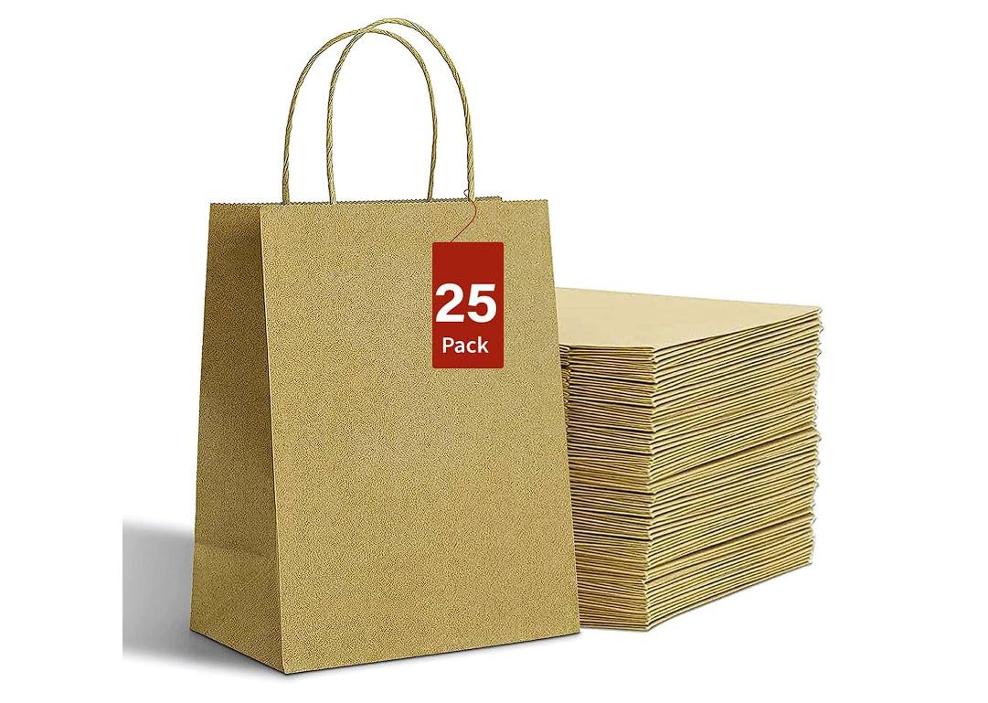 Brown Paper Gift Bags with Handles, Pack of 25 Medium Gift Bags for Presents, Eco-Friendly Kraft Brown Bags, Strong Takeaway & Lunch Bags for Umrah Gifts & Everyday Use (22 x 26.5 x 11 cm)
