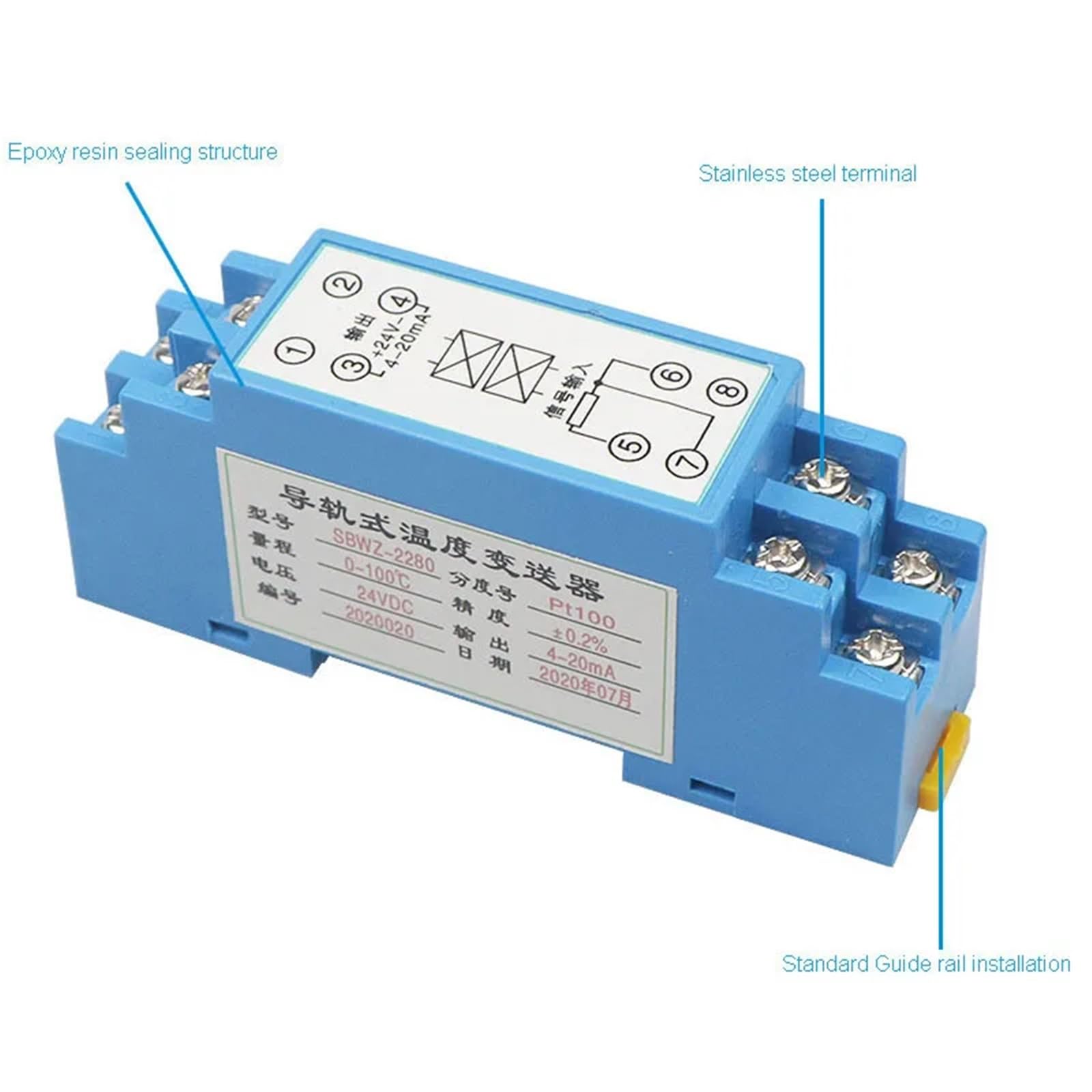 Transmisor de temperatura tipo carril Pt100 integrado 4-20ma transmisor de aislamiento de resistencia térmica termopar 1 Uds(0-250Degrees Celsius)