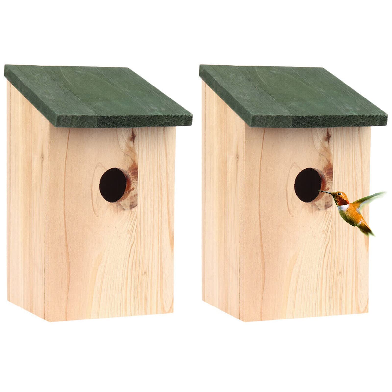 2 x Bird House Wooden Wild Small Wood Nesting Box Nesting Handy Home Garden Pressure Treated for Wild Birds with Traditional Hinged Roof