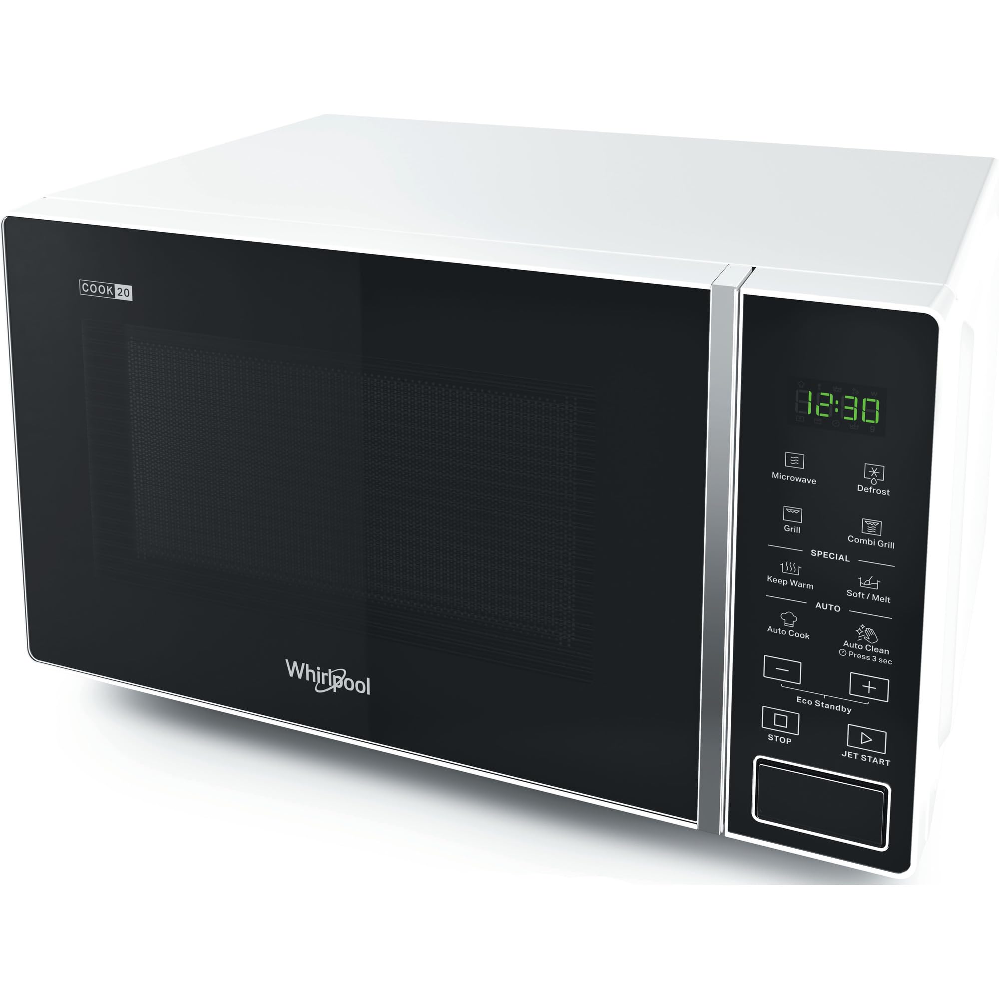 Whirlpool MWP 203 W Forno a Microonde + Grill, 20 litri, Controllo Digitale, Display, Funzione riscaldamento e funzione scongelamento, Colore Bianco, con Griglia alta