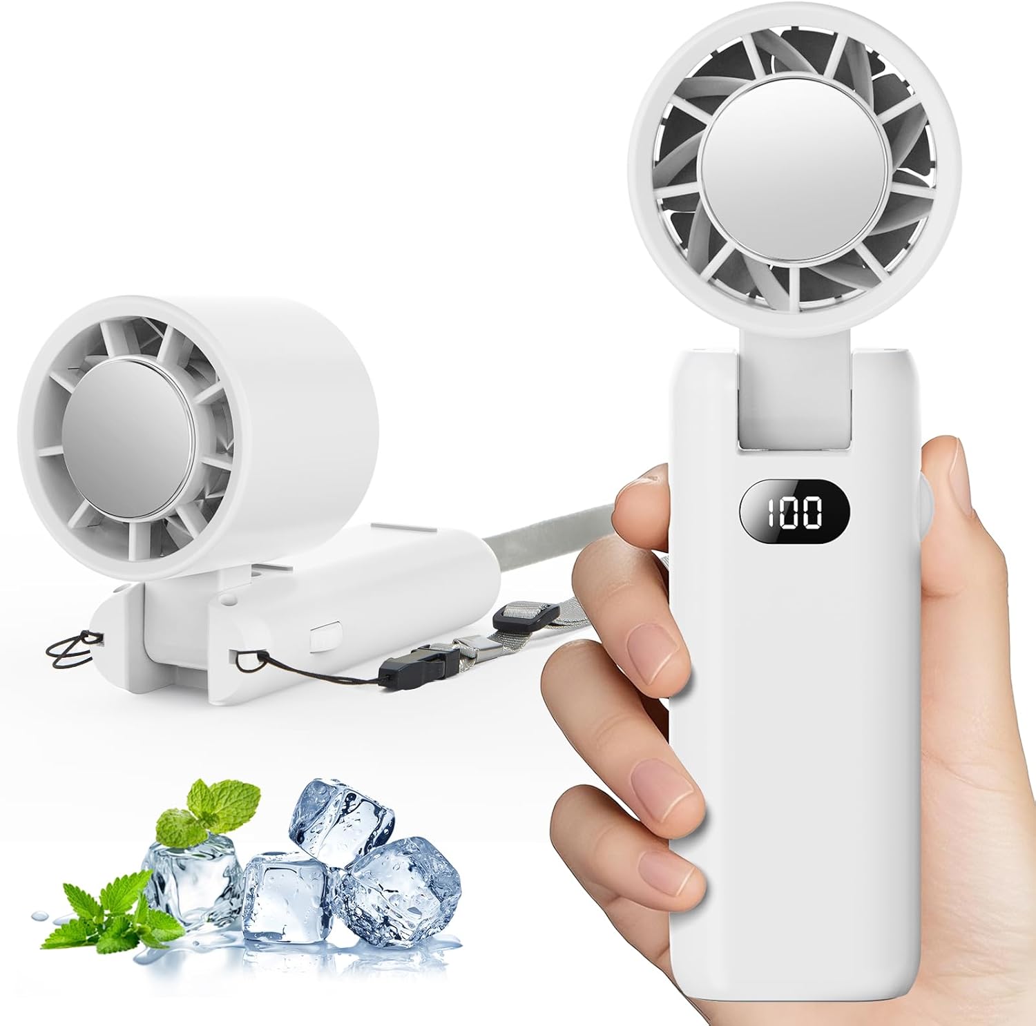 Portable Fan, 12500RPM Turbo Fan with 100 Speed, Digital Display, 180° Foldable, 3-in-1 Handheld/Desk Fan, 3600mAh Rechargeable for Travel/Work/Home/Outdoor（White）