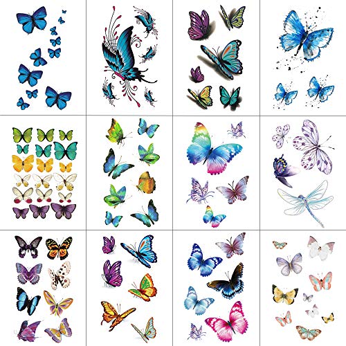 Wyuen 12 Sheets Butterfly Women Temporary Tattoo Stickers Animal Tattoos Body Art Waterproof Hand Fake Sticker (W12-03)