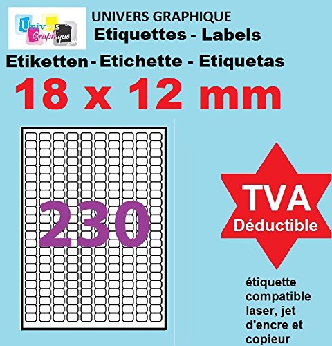 100 Planches de 230 de mini étiquette 18 x 12 mm = 23000 etiquettes - Blanc Mat - pour imprimantes Laser et Jet d'encre - Feuilles A4 autocollantes référence univers UGE0230R