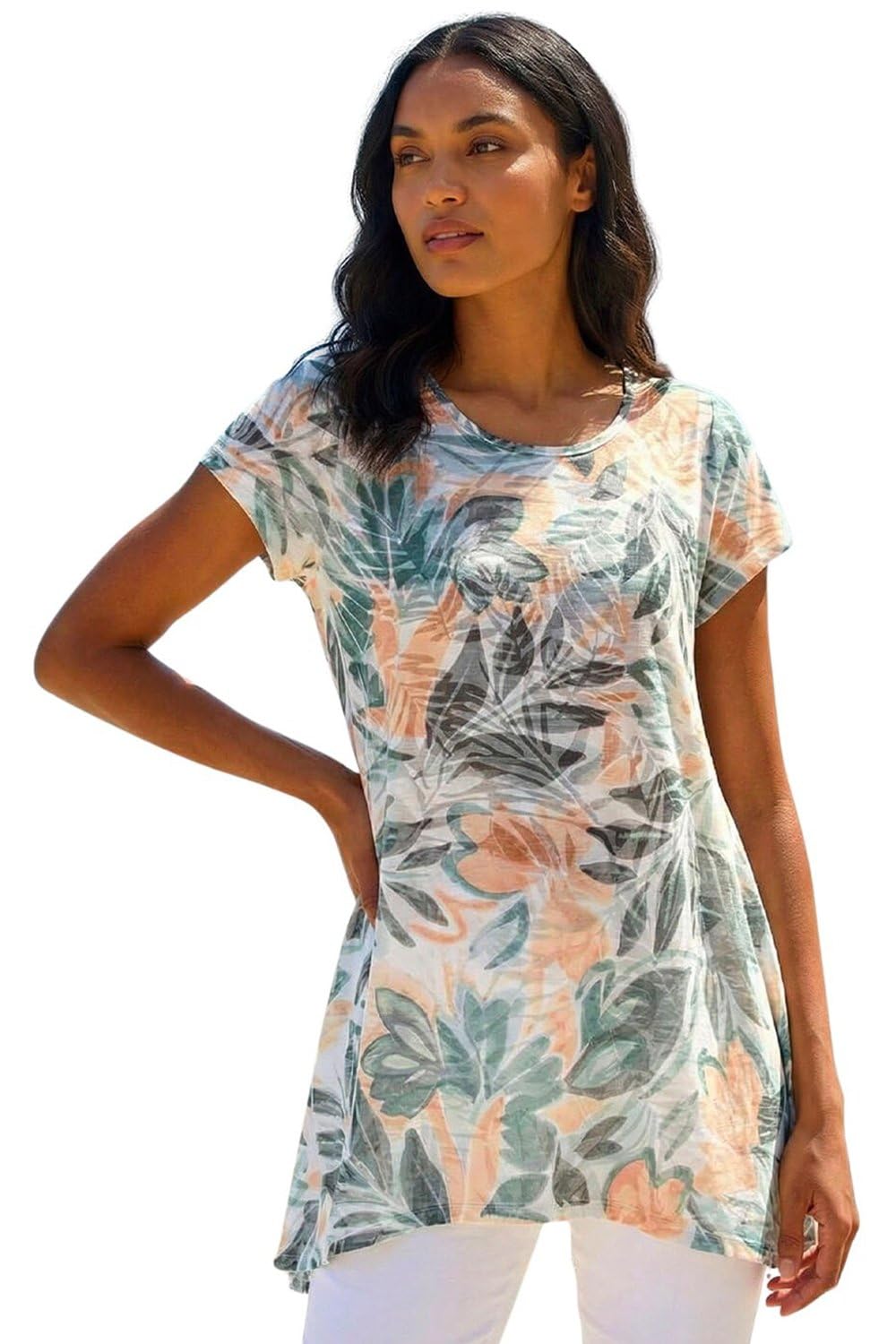 Roman Women's Green Leaf Print Hanky Hem Tunic Top In | : Size 10