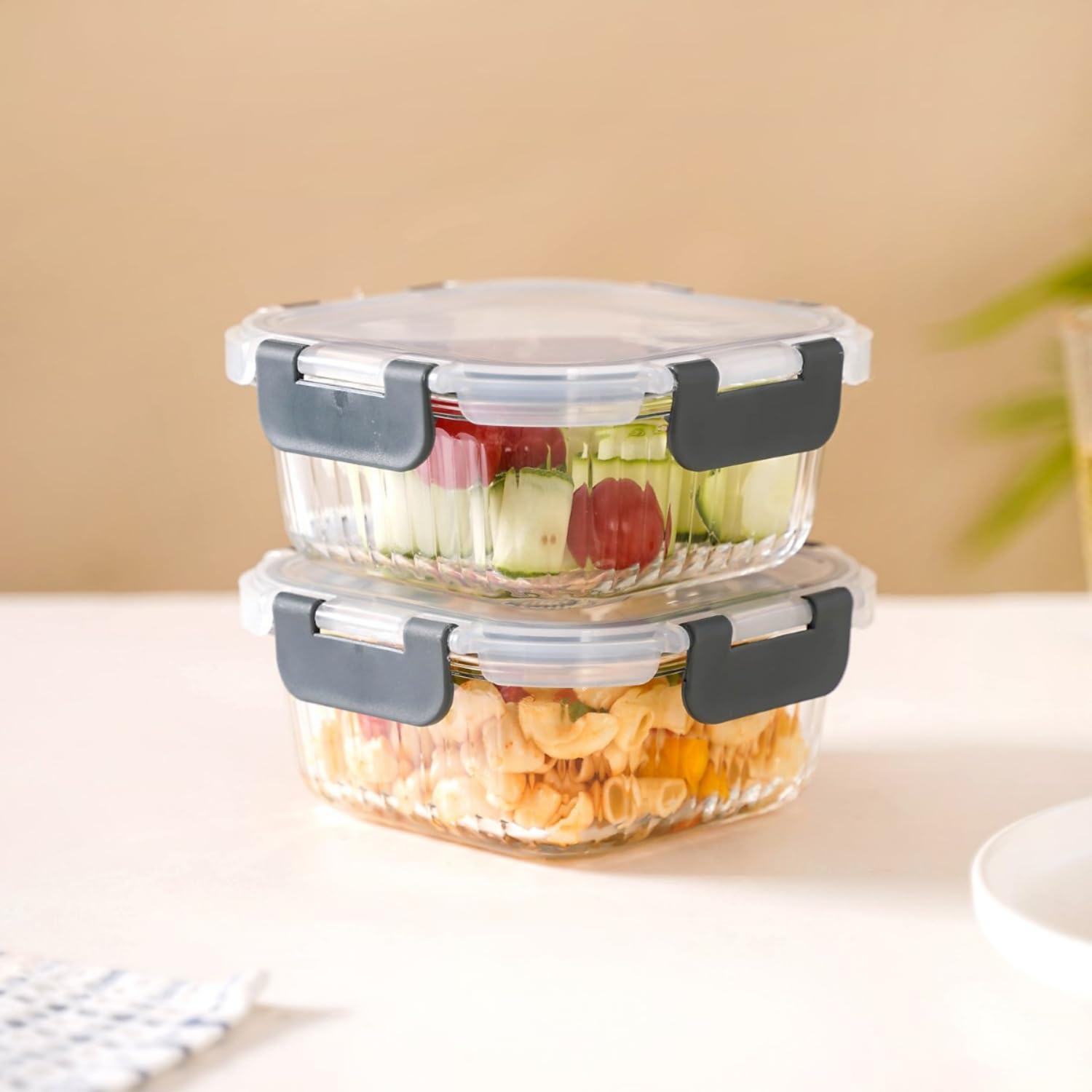 Nestasia Transparent Glass Lunch Box for Women and Men Set of 2 (500ml), Borosilicate, Microwave and Dishwasher Safe, Airtight and Leak-Proof Glass Containers with Safety Lock